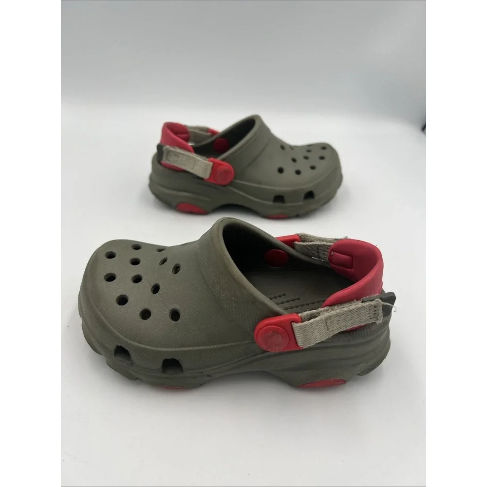 Crocs Kids Clogs Shoes Size C 10 Navy Greenish-Gray W/ Red Adjustable Back Strap